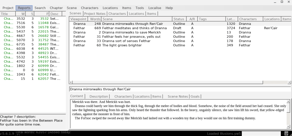 A screenshot of my yWriter setup for the novel.