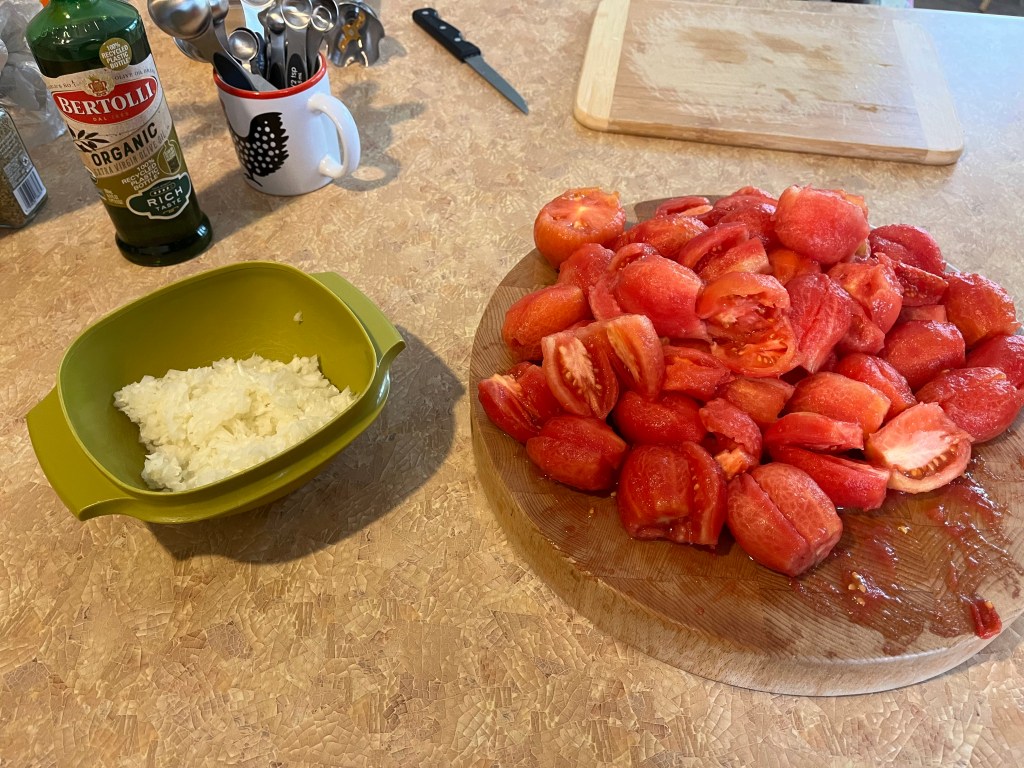 Roma tomatoes ready for processing, no skin, and garlic and onion also ready