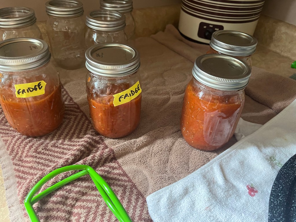 Jars full of pizza sauce. Two are labeled 'fridge' because they didn't fully seal