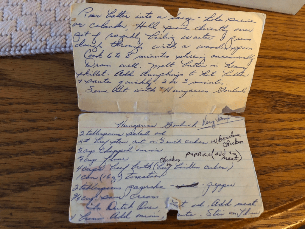 My gramma's Hungarian Goulash recipe written on an index card