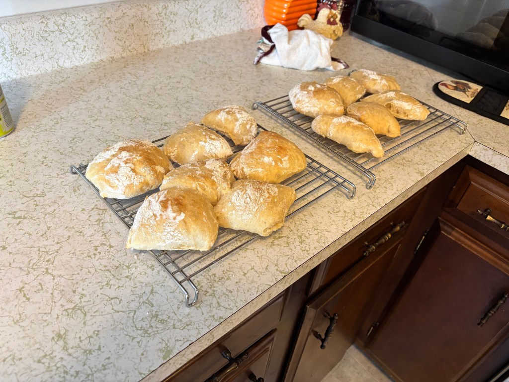 Bread! Homemade ciabatta on cooling racks.
