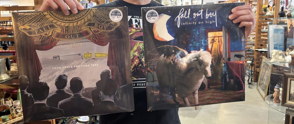 Two fall out boy albums: From Under the Cork Tree and Infinity on High. They're being held up by my brother, whose face I've cropped out of the picture.