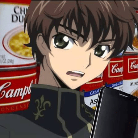 an anime character standing in front of a wall of campbell's soup. He is speaking into a phone and saying "I'M AT SOUP"